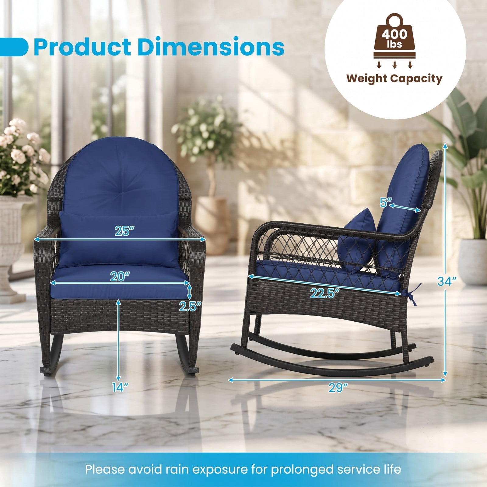 Furnibear Patio Rattan Rocking Chair with Soft Seat, Back Cushions and Waist Pillow for Front Porch, Backyard and Poolside, Navy