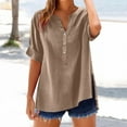 thumbnail image 4 of Linen Shirts for Women Summer Loose Short Sleeve Tops Button Roll Henley Shirt Boho Plus Size Split Blouses Tunic, 4 of 7