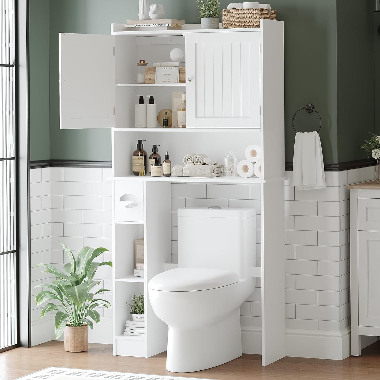 Over the Toilet Storage Cabinet with Farmhouse Sliding Barn Door Above Toilet Organizer Toilet Paper Holder Behind Toilet Shelf with  Adjustable Shelf for  Bathroom,Laundry Space Save