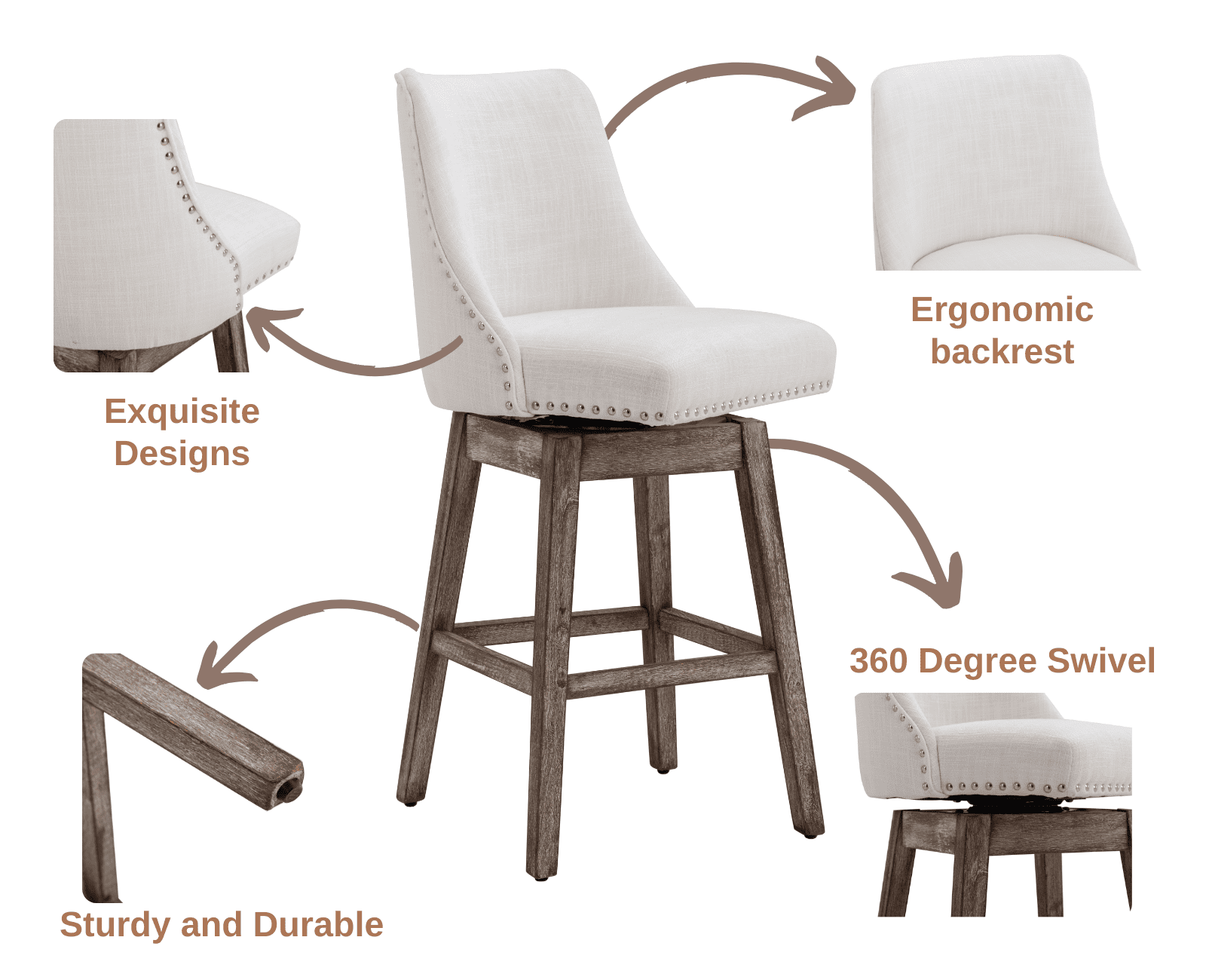 Guyou 27.5"Counter Height Bar Stools Set of 4, Nailhead Trim Linen Barstools with Back and Wood Legs, 360°Swivel Upholstered Stool Chairs for Kitchen Island Breakfast Bar Restaurant, Cream