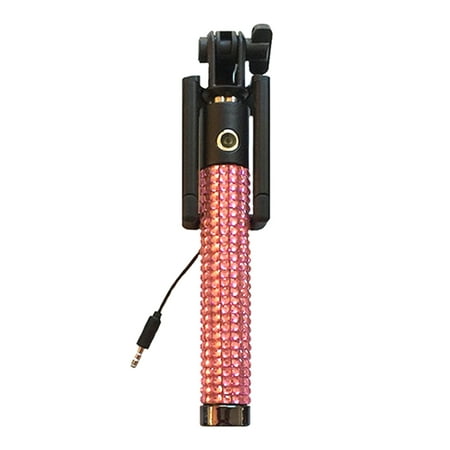 Image of Pink Rhinestone Bling Mini Wired Selfie Stick For iPhones BlackBerry LG Samsung and Other Android Smart Phones