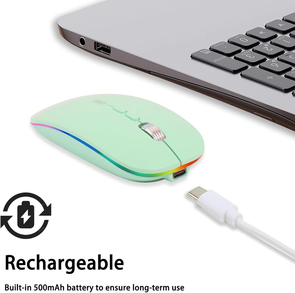 RHEA- Wireless Silent Mouse Bluetooth, Rechargeable Led (Bt 5.1+2.4G) Green