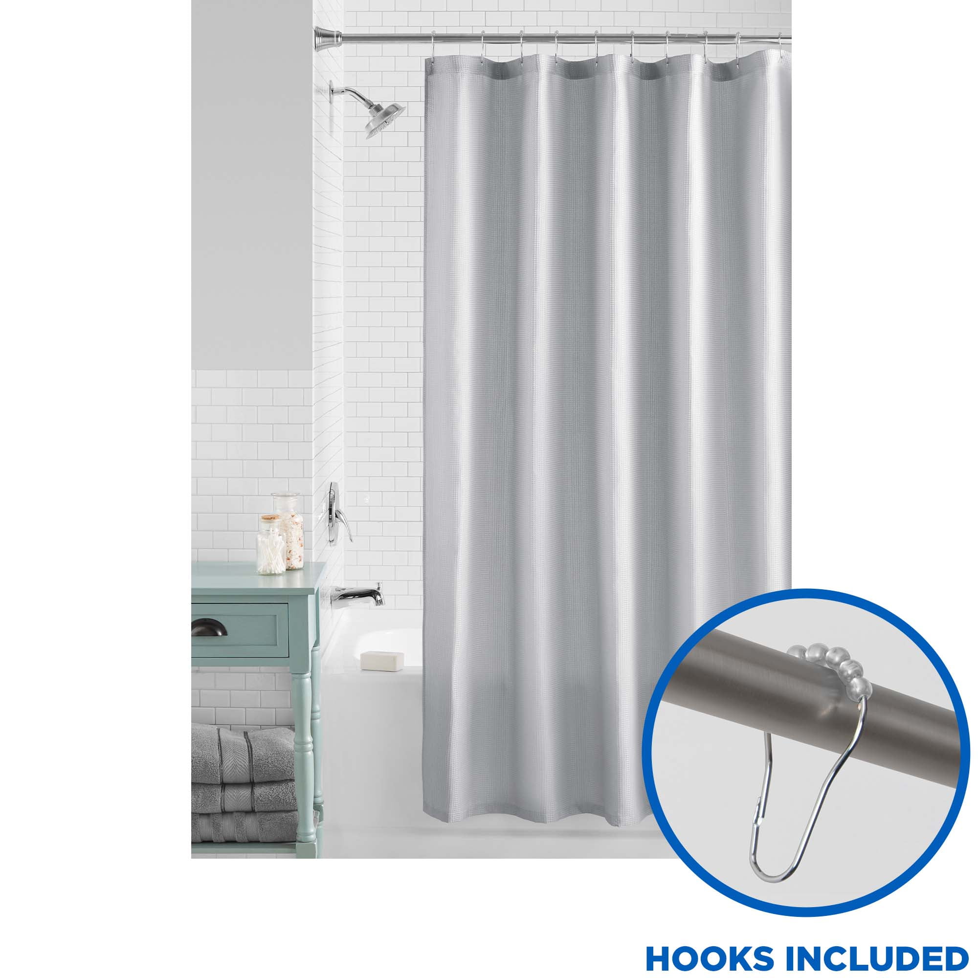 Soft Silver Fabric Bathroom Set, 13-Piece Shower Curtain and Hooks, Mainstays Waffle Weave