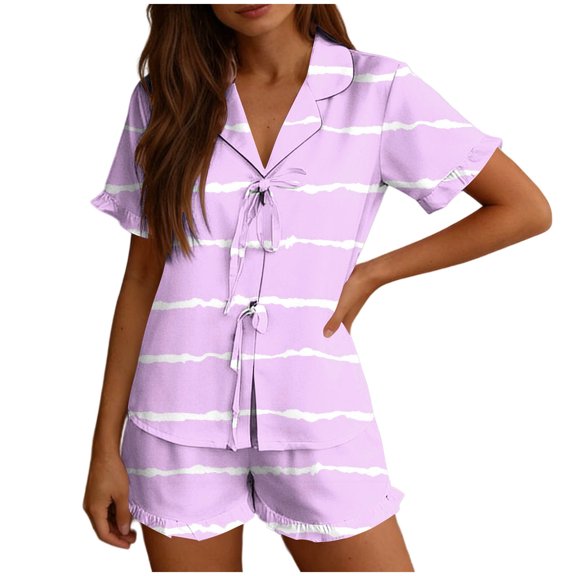Gytharion Women's 2 Piece Pajama Sets Lapel Lace Up Ruffled Shirts and Elastic Waist Shorts Ladies Fashion Stripes Lounge Sets