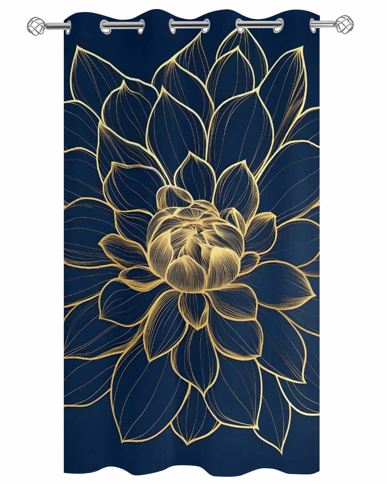 Navy Blue Yellow Spring Floral Outdoor Curtains for Patio, Chic Blossoms Botanical Privacy Drapes Grommet Waterproof Outside Curtains for Porch/Cabana/Balcony 54"x 108", 1 Panel
