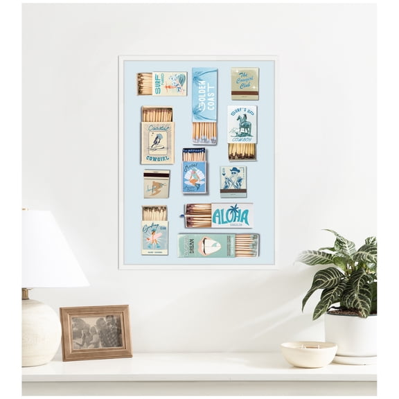Kate and Laurel Framed Canvas Wall Art Print Retro Matchbox Blue Coastal Cowgirl 18x24 FC by Honey Island Studio, 18 x 24 Sylvie White Frame, Vintage, Still Life Art for Wall Decor
