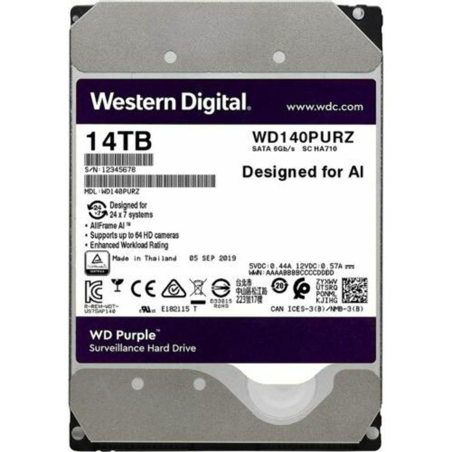 &nbsp;WD Purple 14TB Surveillance 7200 RPM SATA III 512MB 3.5" Internal HDD WD140PURZ