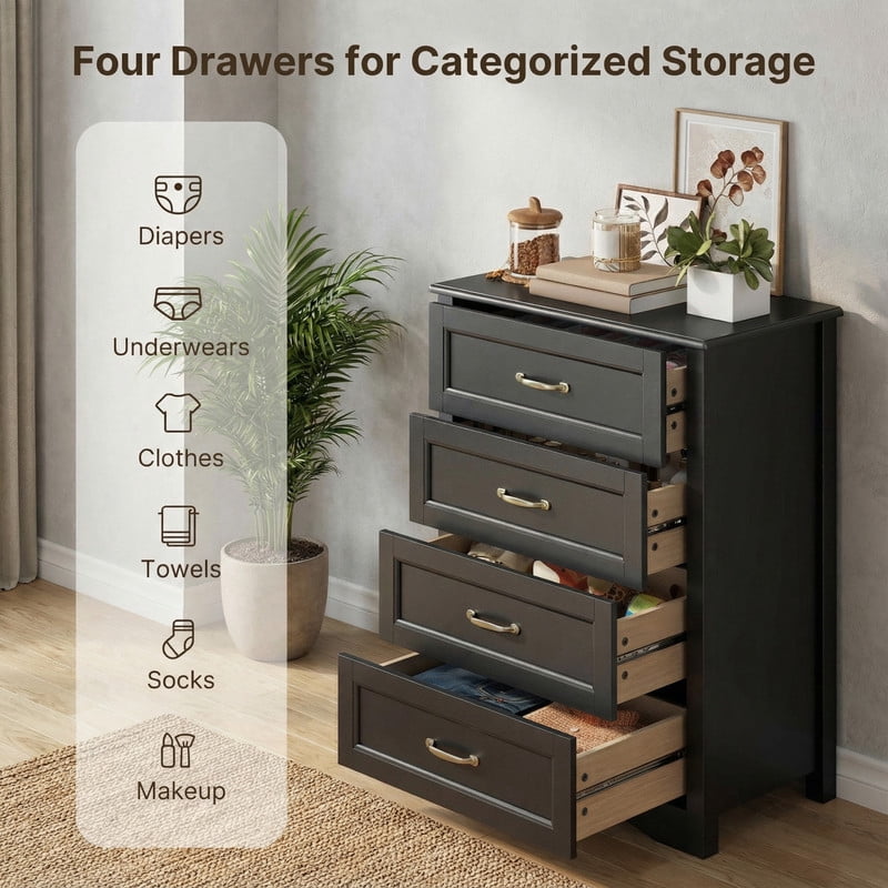 4 Drawer Dresser for Bedroom, Engineered Wooden Chest of Drawers with Sleek Metal Handles for Living Room - Black