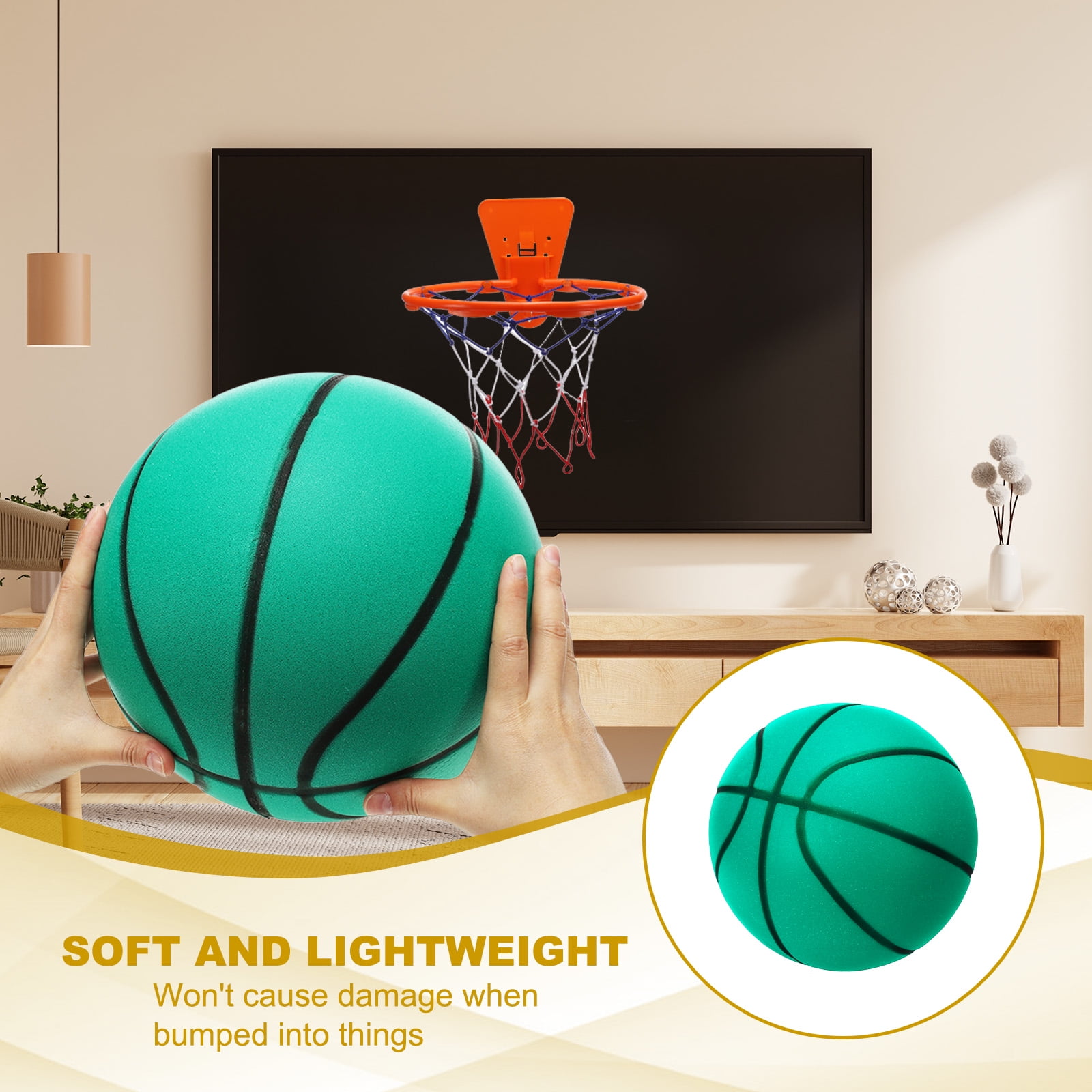 Uxcell Silent Basketball No Noise High-Density Foam Dribbling Indoor Basketball with Net for Quiet Dribbling Green NO.3