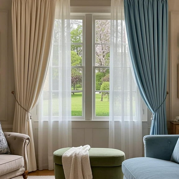 SMILETIME Sky Blue & Ivory White Back Tab Curtains, 4 Panels Set Rod Pocket & Pinch Pleat Design Light-Filtering & Thermal Insulation Ideal for Living Room, Bedroom & Office Windows