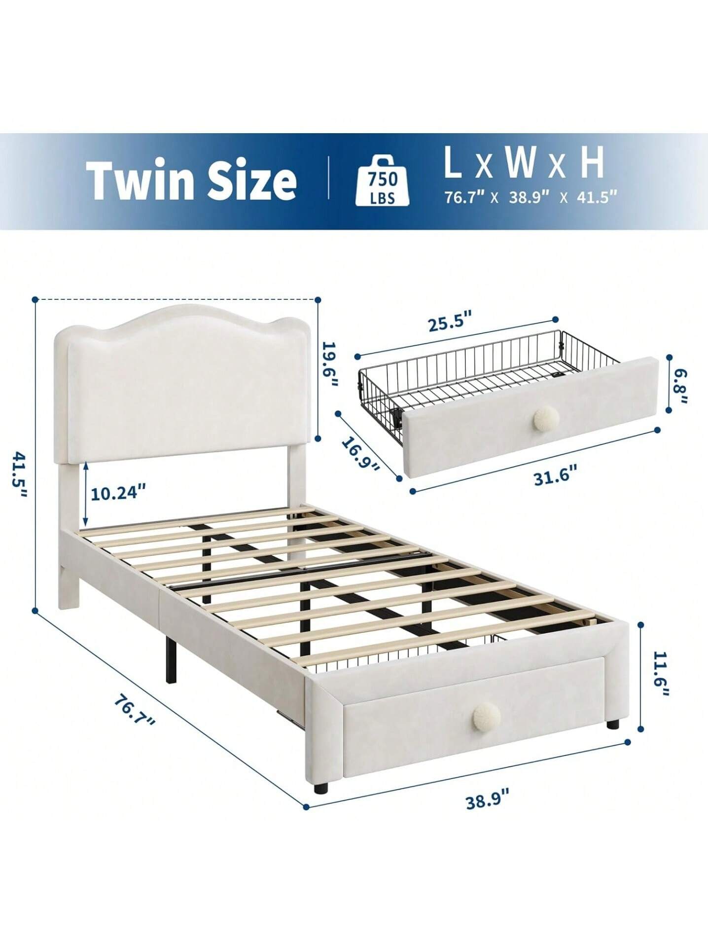 Twin Upholstered Bed Frame with Storage Drawer, Velvet Headboard, Princess Platform Bed, No Box Spring, White