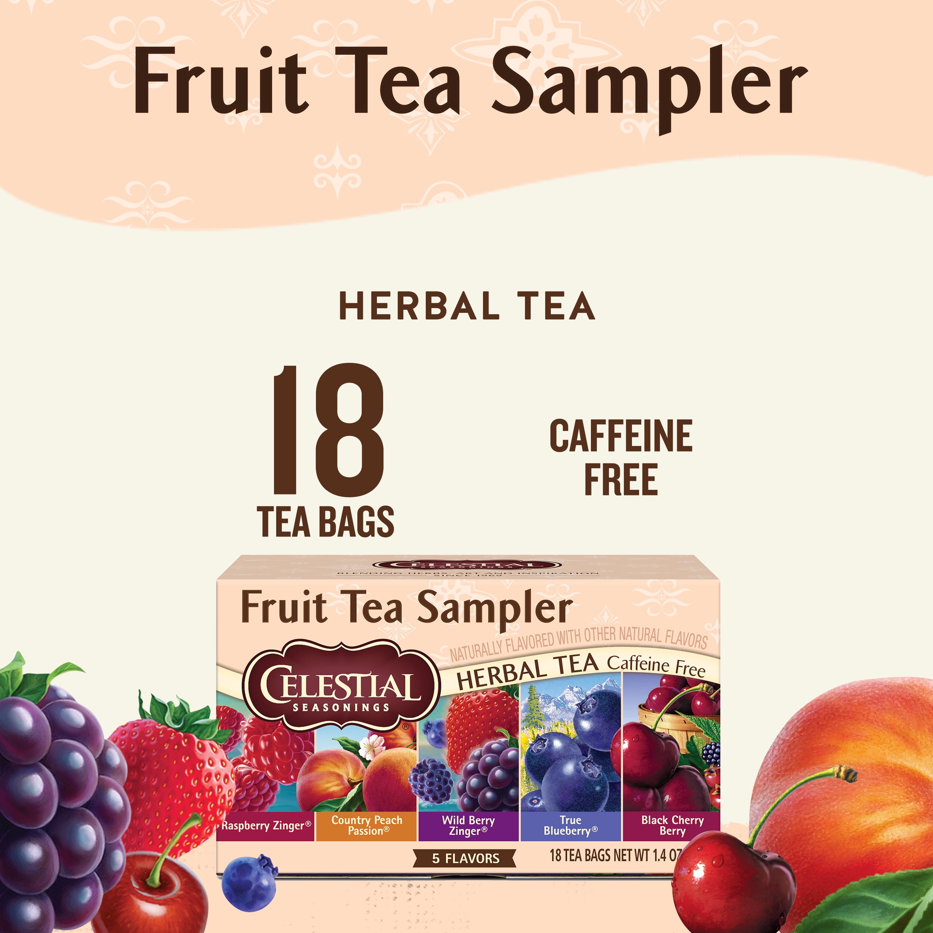 (4 pack) Celestial Seasonings Fruit Tea Sampler, Caffeine-Free Herbal Tea Bags (18 Count)