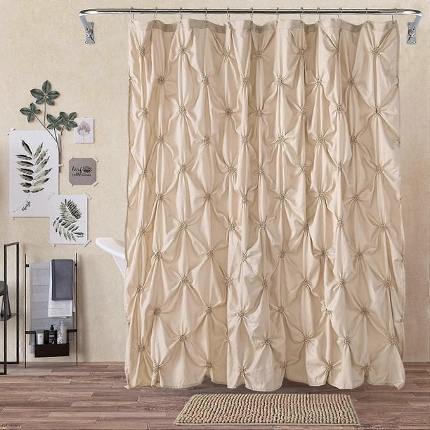 Shower Curtain Sets with Rugs - Pinched Pleat Farmhouse Shower Curtain Elegant Decor Set with 12 Shower Curtain Hooks for Bathroom Beige Standard 72