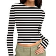 thumbnail image 4 of hotojiny Long Sleeve Shirts for Women Fall Crop Going out Tops Casual Crew Neck Ruched Clothes Fashion Stripes Slim Fitted Tee, 4 of 7