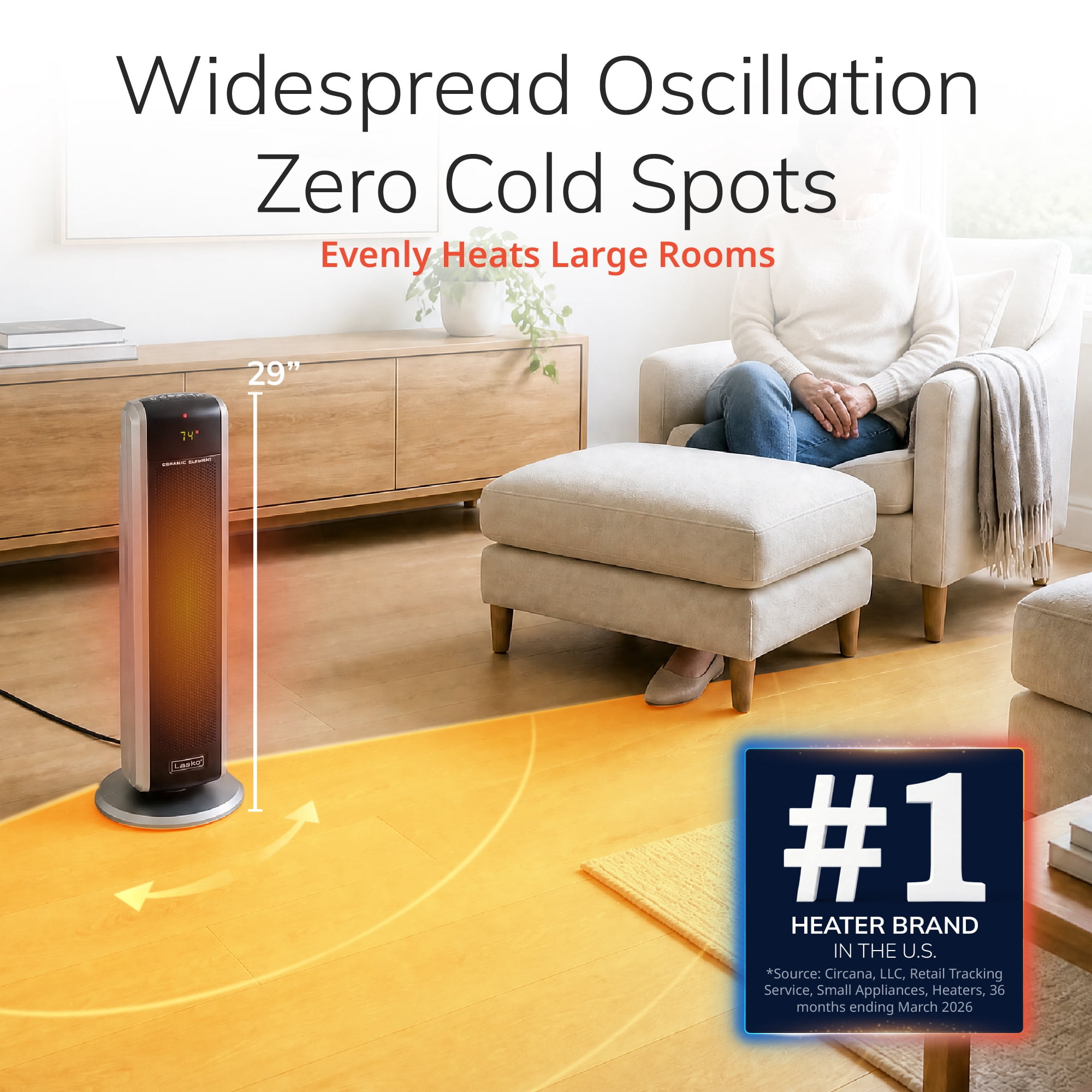 Lasko 5586 Digital Ceramic Tower Space Heater, 1500W, Remote