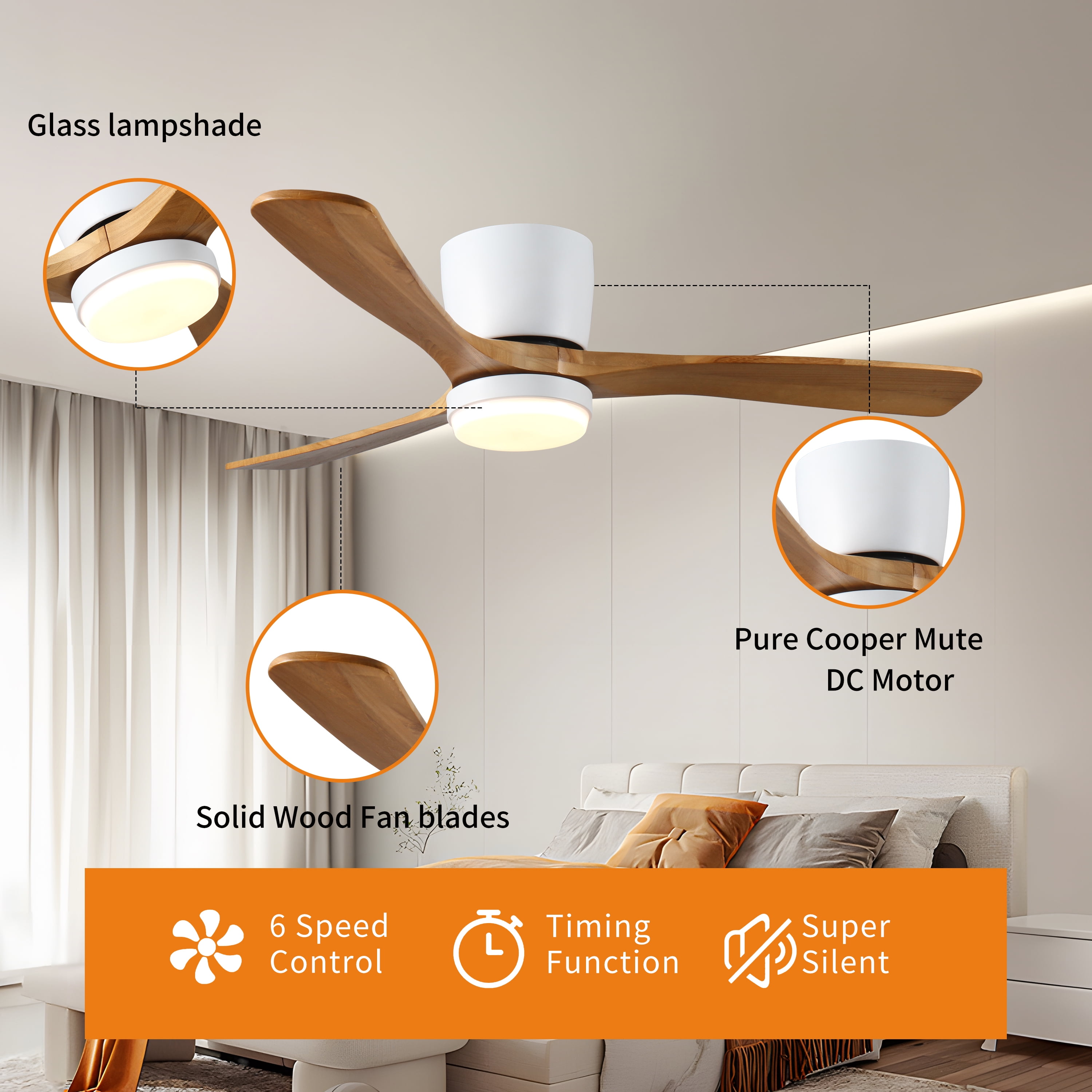 Eowynic 52" Modern  Ceiling Fan with Light, Remote Control, 3 Wood Blades, Flushmount Design