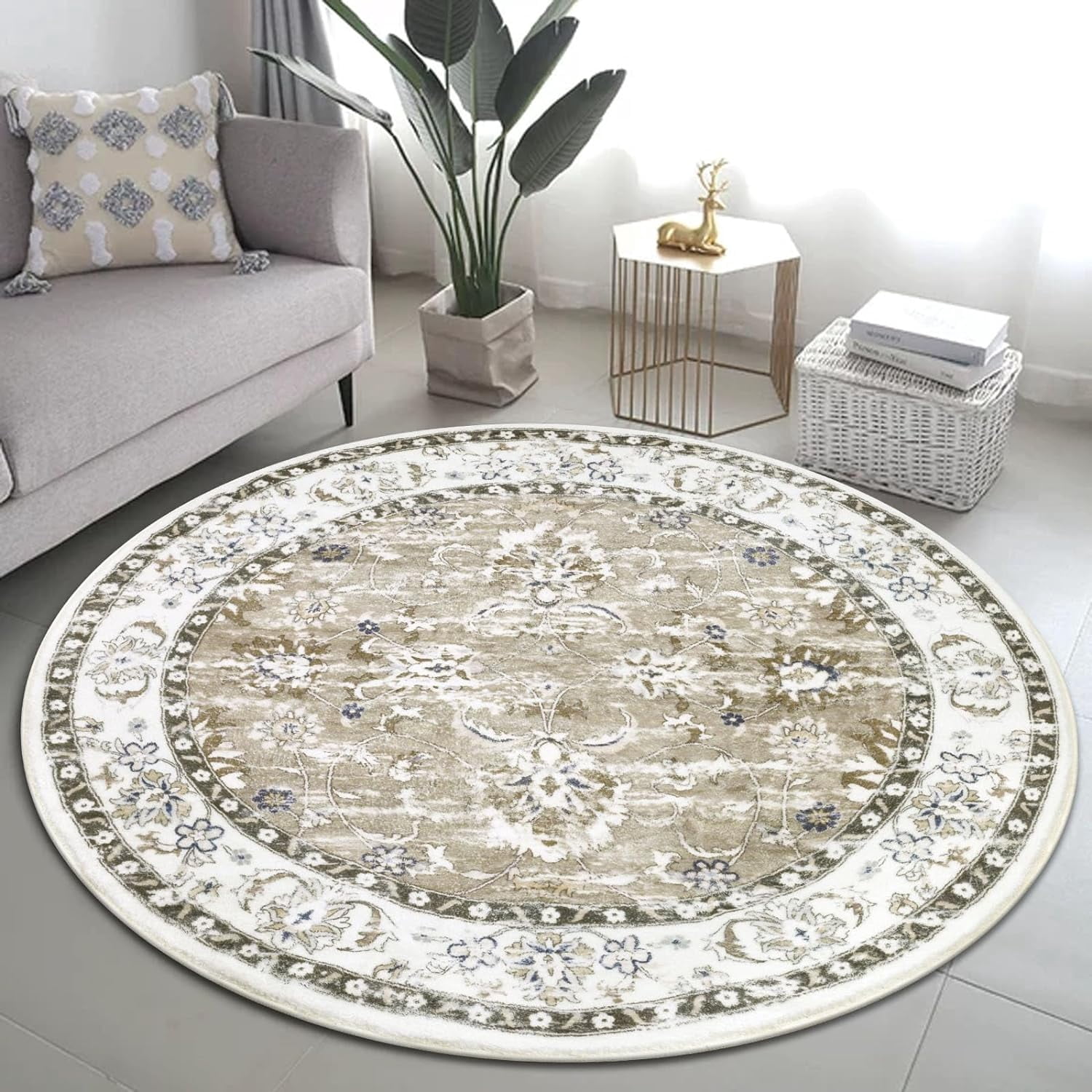 MJIAexp 4ft Mandala Boho Round Rug Circle Rug Non-Slip Machine Washable Area Rug Soft Bedroom Rug Throw Rug Vintage Carpet for Living Room Kitchen Dorm Coffee Table Distressed Brown