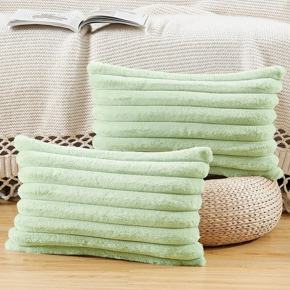 Set of 2 Faux Wool Plush Decorative Throw Pillow Covers 18x18 Inch Light Blue Fluffy Striped Soft Decorative Cushion Cover for Sofa Bedroom Pillow Shell