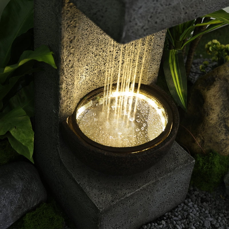 Water Fountain Modern Tiered Outdoor Fountain with Lights and Stone Planter for Garden, Patio, Backyard, Deck, Porch and Home Art Decor