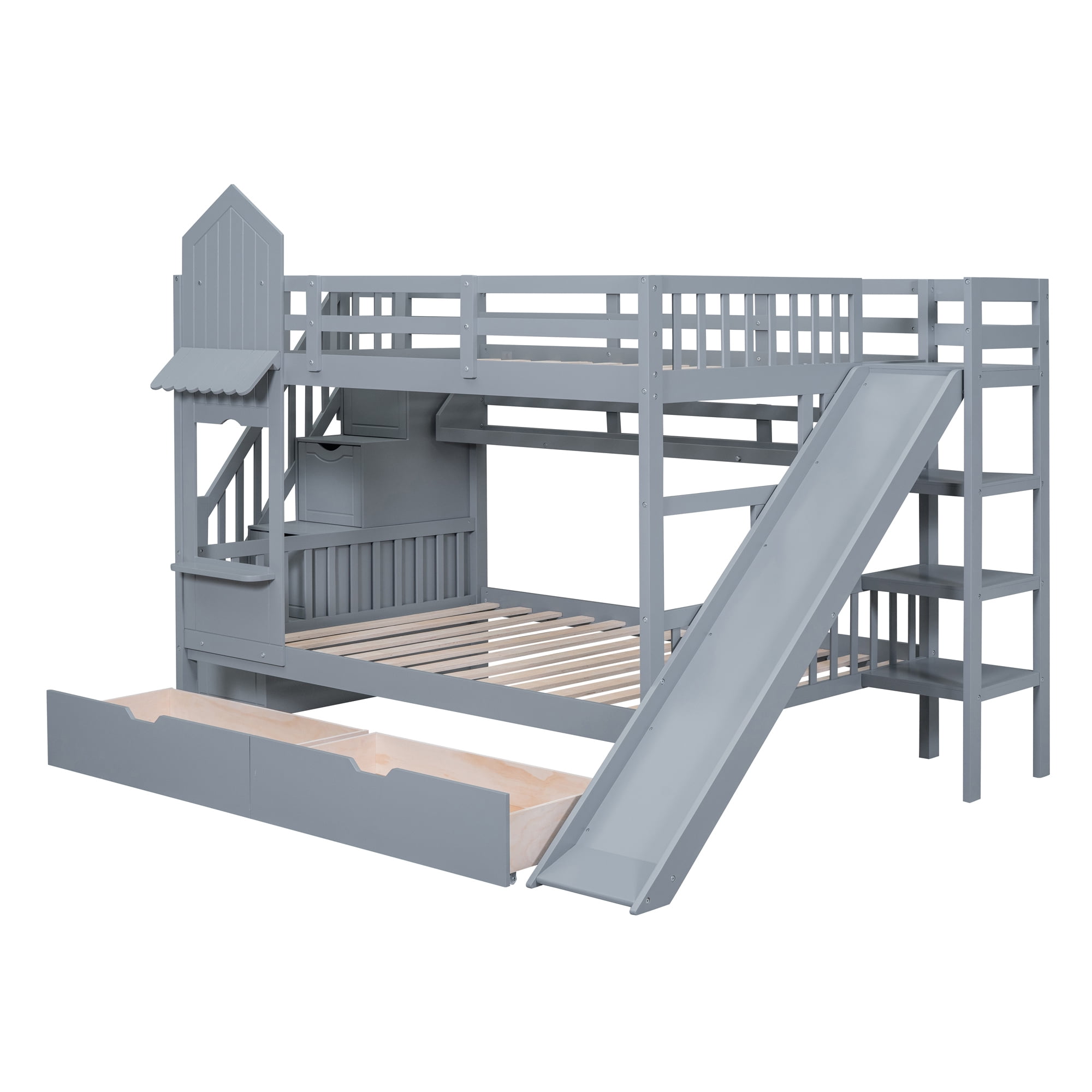 Full over Full Bunk Bed for Kids, Castle Style Bunk Beds with 2 Drawers, Slide and Storage Shelves, Solid Wood Bunk Bed Frame for Kids Girls Boys Teens