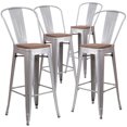 thumbnail image 1 of 4 Pk. 30" High Silver Metal Barstool with Back and Wood Seat, 1 of 9