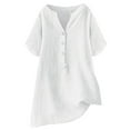 thumbnail image 2 of MIXUE Womens Summer Tops Linen Solid Color V Neck Button Short Sleeve Loose Fit Casual T Shirts Daily-Wear,White,XXL, 2 of 3