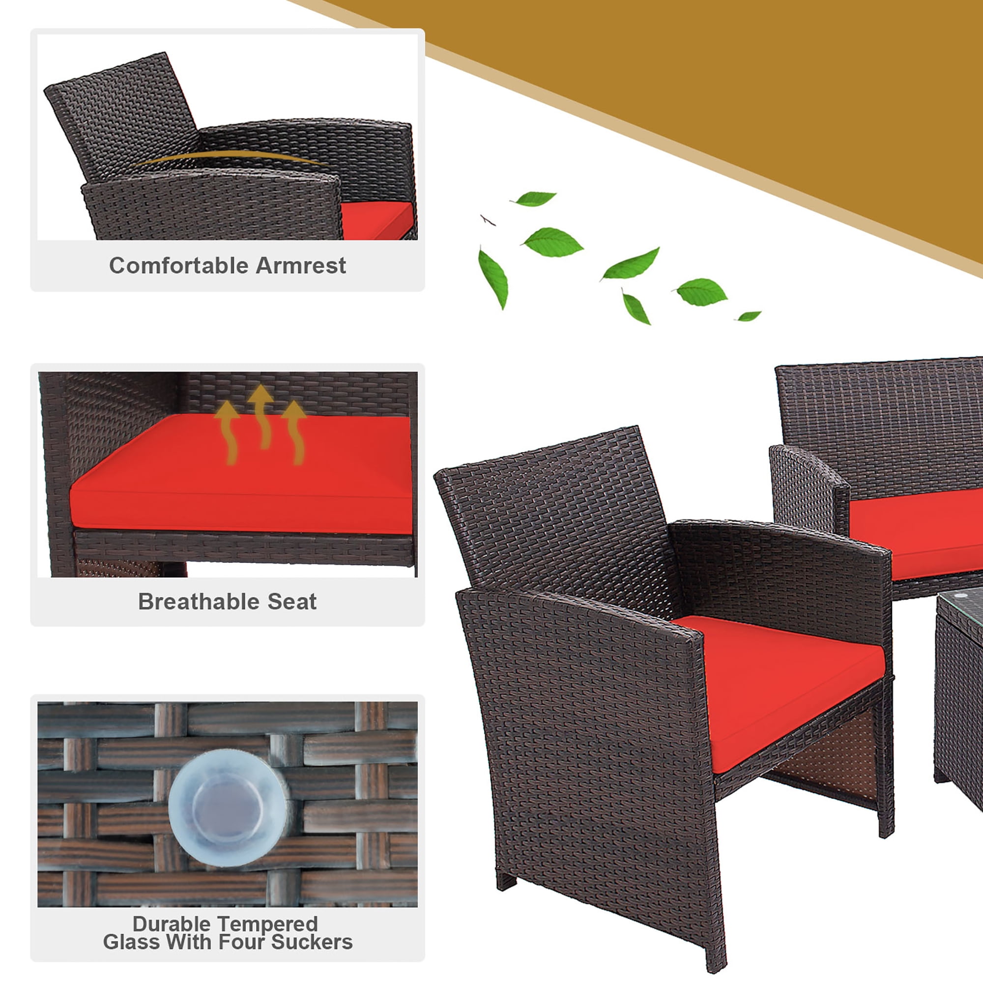 Costway 8PCS Patio Rattan Furniture Set Cushioned Chair Sofa Coffee Table Red