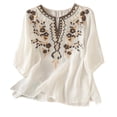 thumbnail image 4 of Summer Women Boho T-Shirts Floral V Neck Embroidered Tops Short Sleeve Loose Casual Flowy Trendy Shirts White 2XL, 4 of 6
