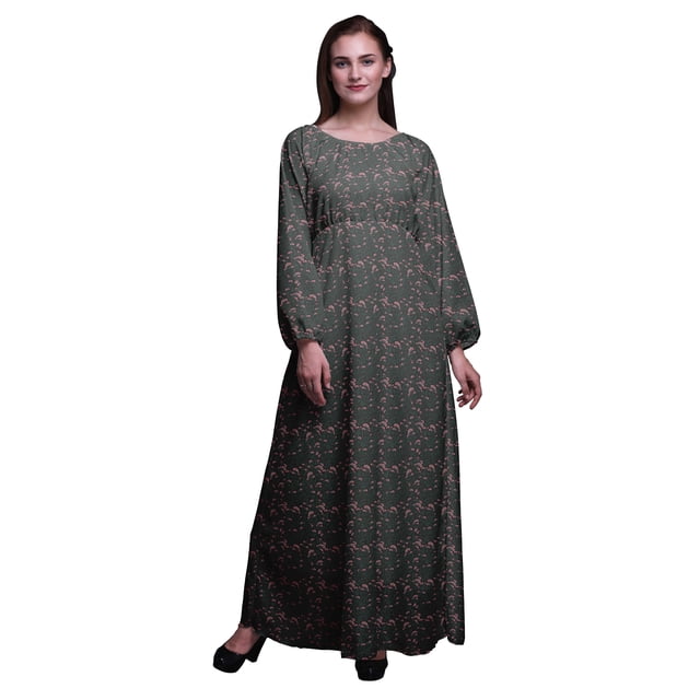 Bimba Robe Maxi à Manches Longues pour Femmes en Georgette Mousse Cheddar à Imprimé Floral avec Taille Élastique - Xxx-Grand