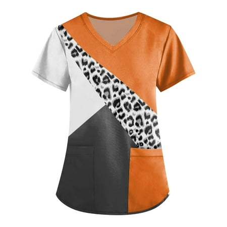 

QAZXD Womens Tops Women s Fashion V-neck Short Sleeve Scrub Tops With Pockets Printed Tops（Buy 2 Get 1 Free）