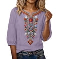 thumbnail image 6 of Qulqfy Embroidered Shirts for Women 3/4 Sleeve Fall Casual Floral Purple Comfy Tunic Cute Henley V-Neck Tshirts XL, 6 of 8