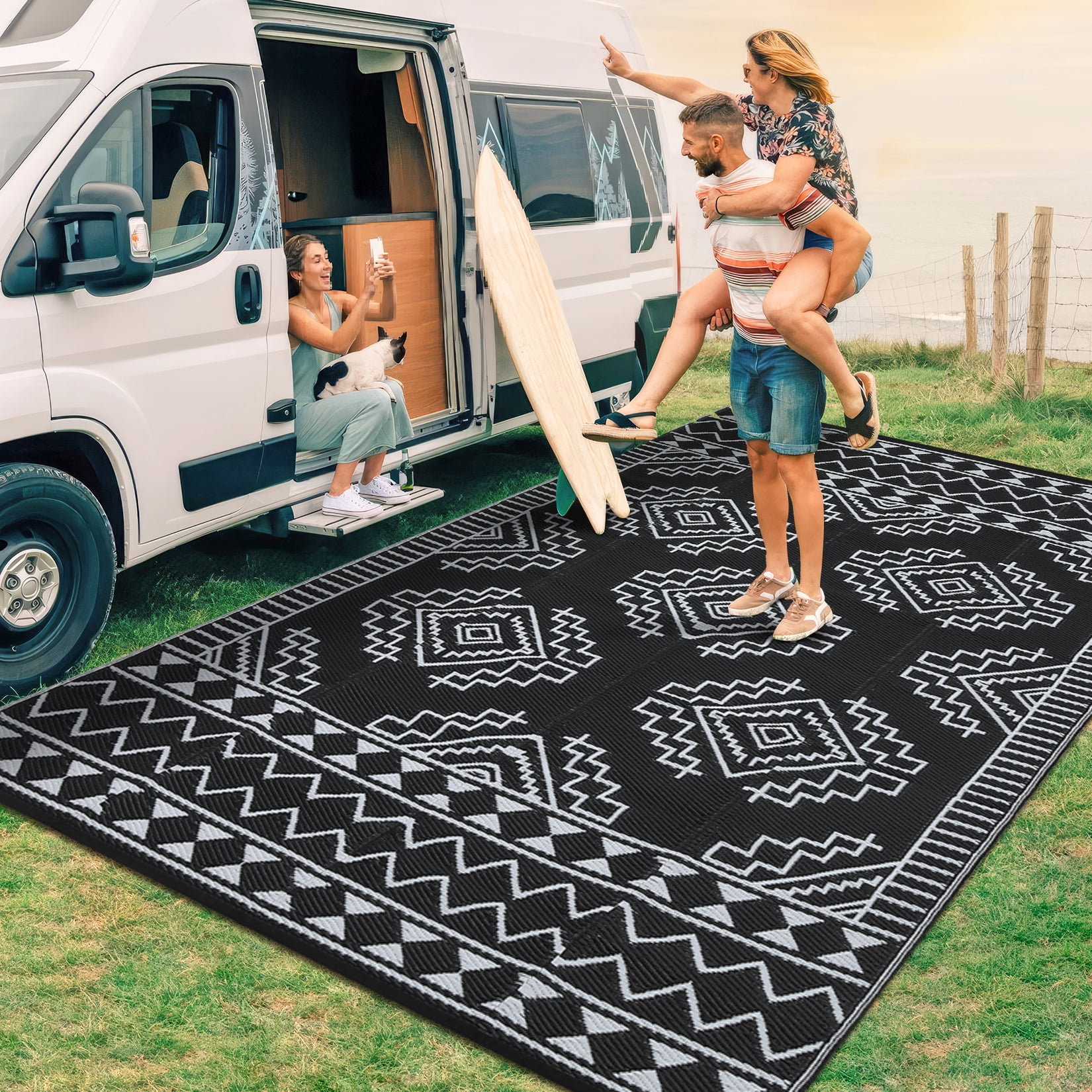 Nanan 8'x10' Outdoor Rug Geometric Waterproof Plastic Straw Rug, Reversible Portable Camping Rug for Patio Balcony Deck Backyard, Black White
