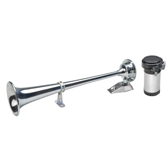Wolo MFG Air Horn 145 Sea Alert; Single Tone; Round Trumpet; Chrome Plated; Brass; With Rubber Gasket/12 Volt Compressor/Hose/30-Amp Relay/Stainless Steel Mounting Hardware