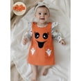 thumbnail image 4 of Loicainy Infant Baby Girl Halloween Outfit 3 6 12 18 Months Pumpkin Ruffle Long Sleeve Romper Overall Dress Headband 3 Piece Clothes Set, 4 of 8