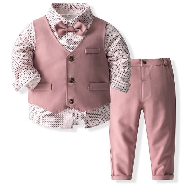Trajes de ropa para bebés, camisa de vestir para niños pequeños con pajarita + pantalones con tirantes, conjuntos de trajes para caballero, boda, rosa, 120cm