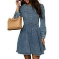 thumbnail image 2 of Denim Shirt Dress for Women Long Sleeve Crew Neck Denim Dresses Fall Cute A Line Mini Short Jean Dress Denim Blue S, 2 of 9