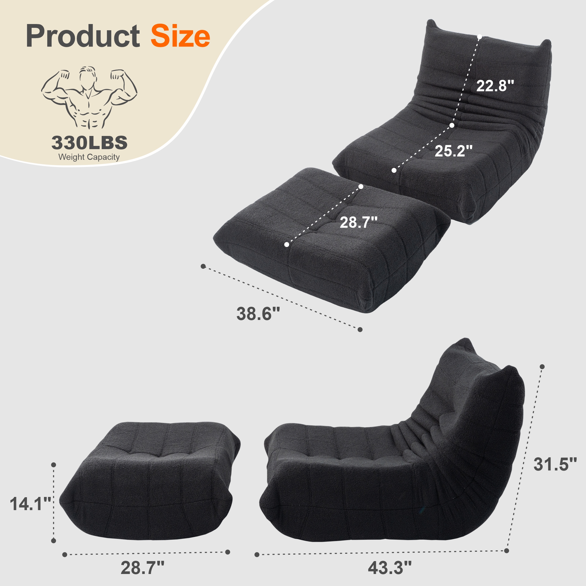 Evita Teddy Fabric Black Bean Bag Chair with Ottoman, Memory Foam Lounge Chair for Adults, Ergonomic Floor Seating Sofa for Living Room or Bedroom