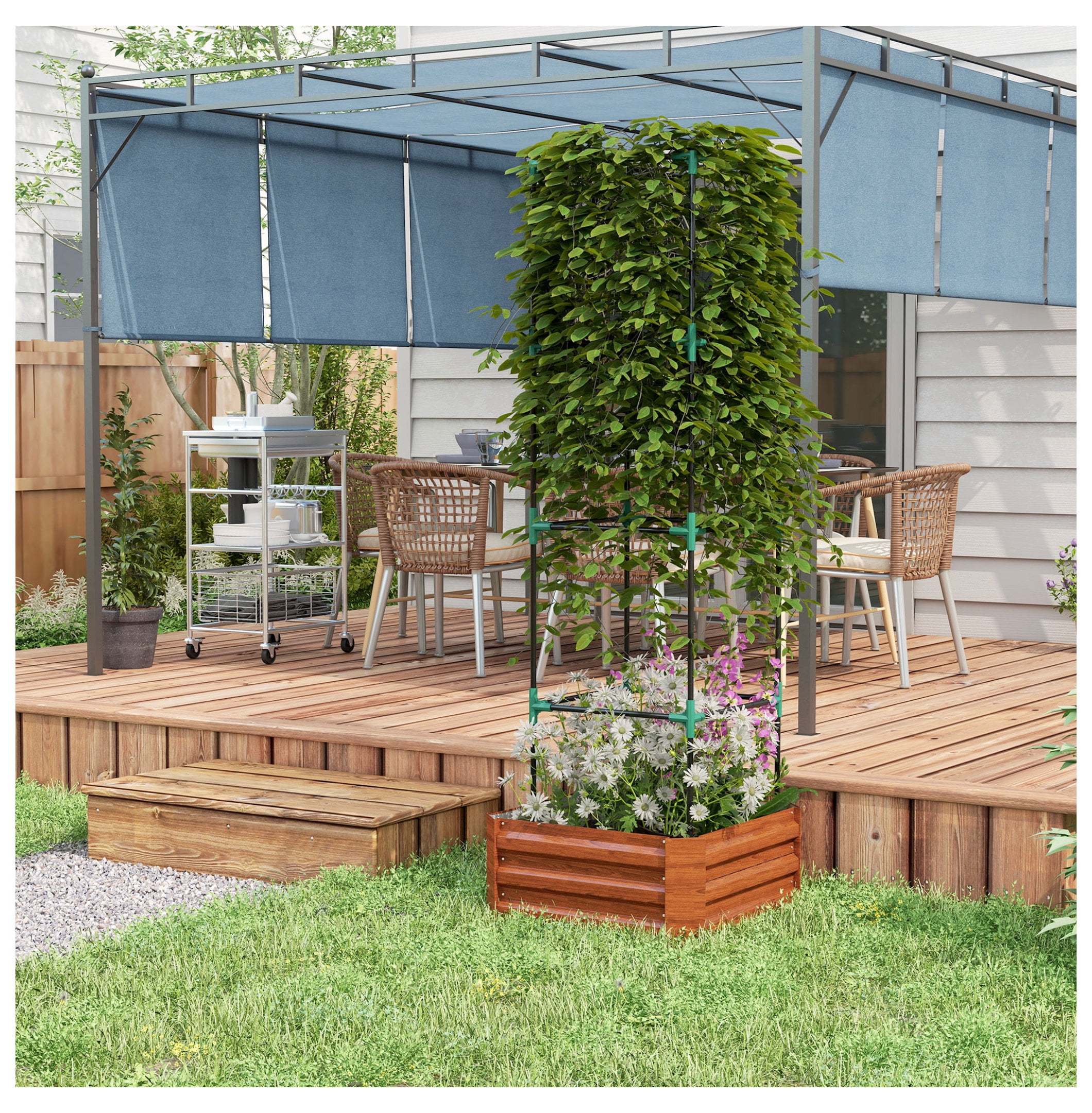 Outsunny Galvanized Raised Garden Bed, 24" x 24" x 11.75" Outdoor Planter Box with Trellis Tomato Cage and Open Bottom for Climbing Vines, Vegetables, Flowers in Backyard, Garden, Patio, Brown