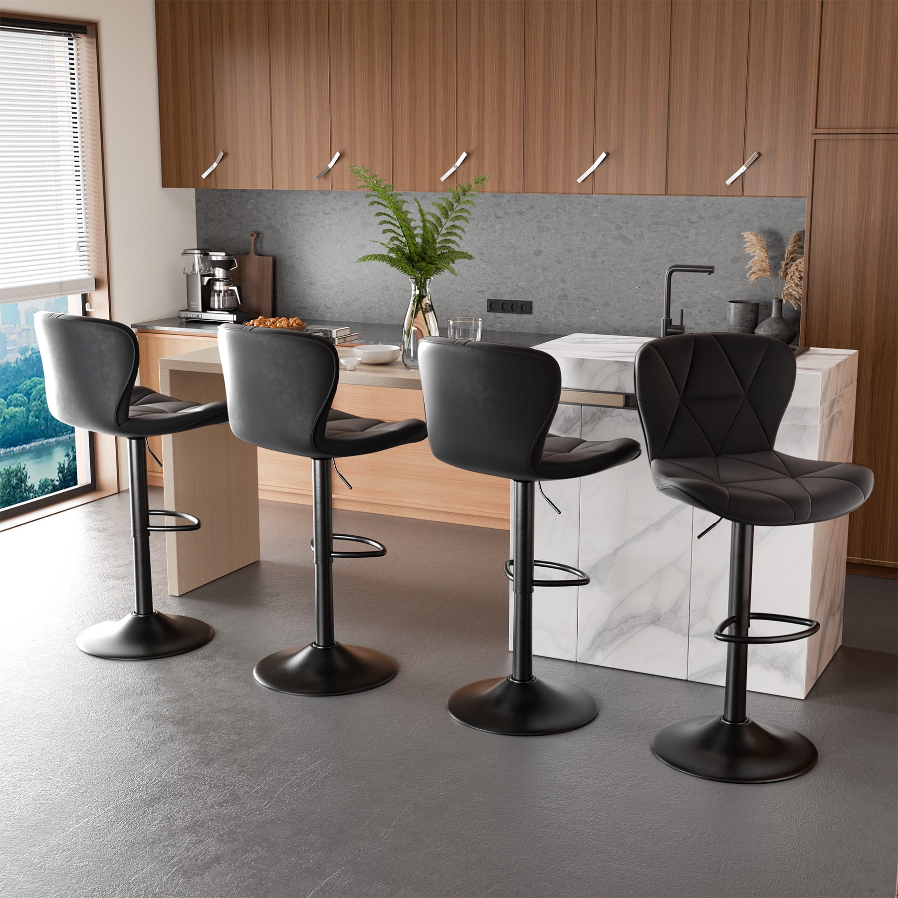 Hawsaiy Modern Bar Stools Set of 1, Adjustable Faux Leather Upholstered Swivel Bar Stools, Counter Height Bar Chairs with Back for Kitchen Island, Black