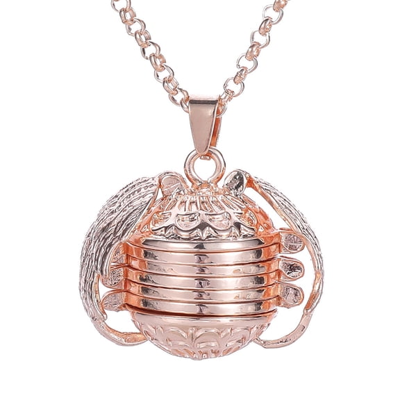 Chain Necklace with Expandable Photo Locket, Pendant Necklace for Women, Angel Wings Design, 4 Photo Locket, Pink
