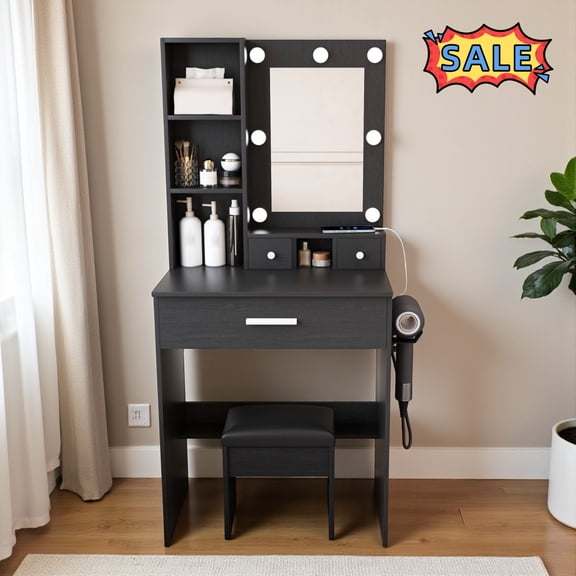 Hassch Small Vanity Desk with Lighted Mirror and Charging Station, Cushioned Stool and Hairdryer Holder, Makeup Dressing Table with Open Shelves and 3 Drawers, Easy Assembly, Black