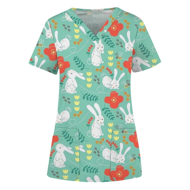 Top de ropa de trabajo con bolsillo y manga corta con cuello en V y estampado de conejo de Pascua a la moda para mujer Fridja bn5052
