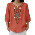 thumbnail image 4 of Favoffer Women's Washed Crinkle Linen Blend Shirt Boho Plus Size Embroidered Tunic 3/4 Sleeve V Neck Loose Peasant Top Elegant Summer Daily Travel Party Blouse, 4 of 7