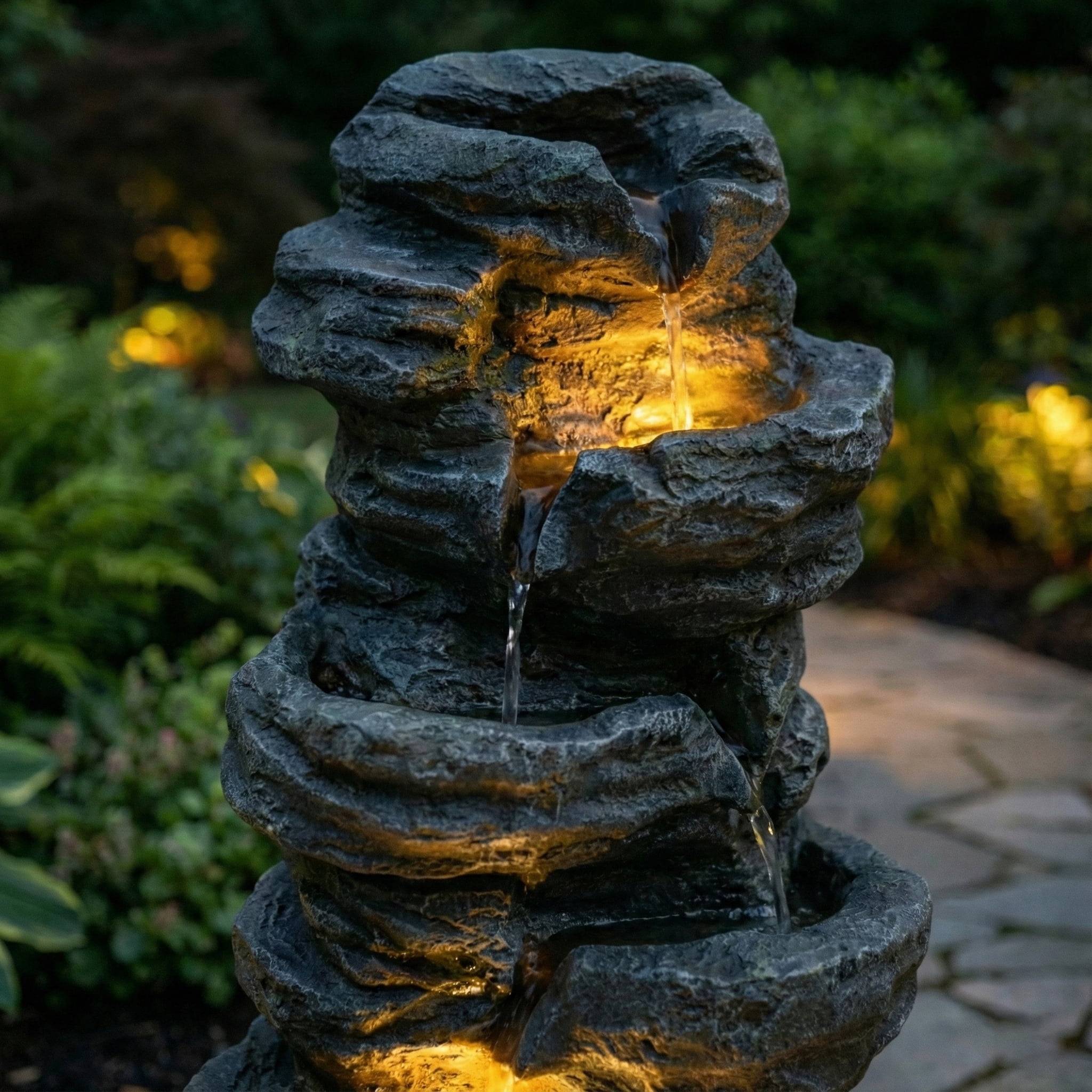 6-Tier Outdoor Cascading Stone Water Fountain with 3 LED Lights, Freestanding Led Fountain Decor for Garden, Patio, Yard & Deck, Natural Rock Appearance