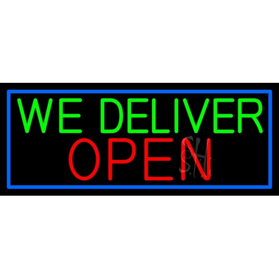 We Deliver Open With Blue Border LED Neon Sign 10 x 24 - inches, Clear Edge Cut Acrylic Backing, with Dimmer - Bright and Premium built indoor LED Neon Sign for restaurant window and interior decor.