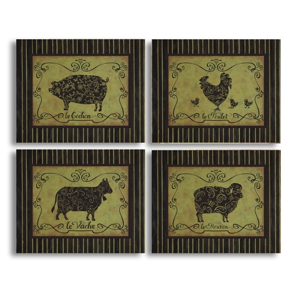 Vintage French Farm Animals; Sheep Chicken Pig Cow Set; Four 14X11 Poster Prints