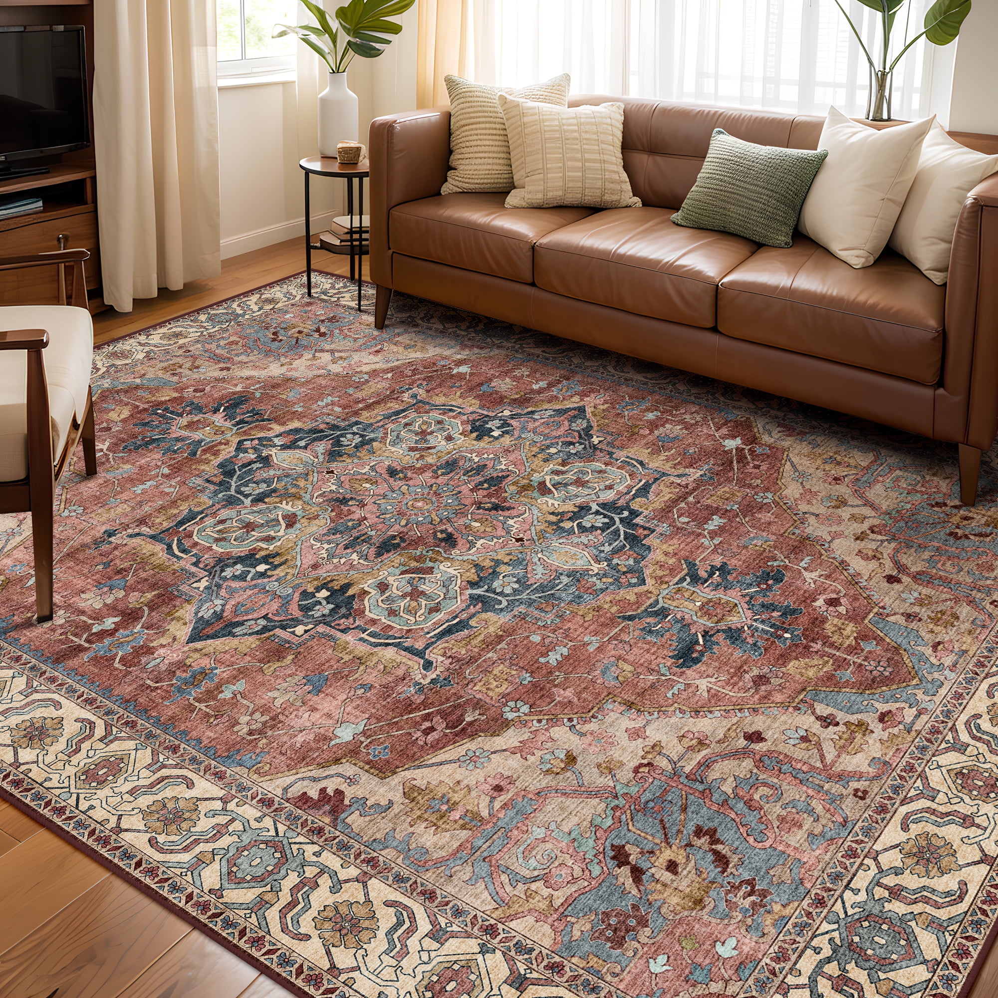 ATHOPE 5x7 Area Rugs for Living Room Bedroom, Washable Soft Rug with Non-Slip Backing, Large Floral Vintage Distress Print Pattern Carpet, Brick Red