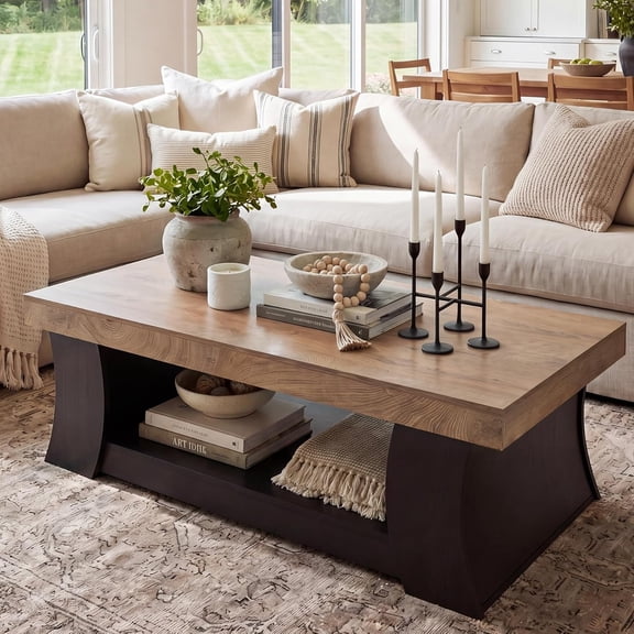 Tribesigns 55" Coffee Table, Living Room Table with Storage Shelf, Wooden Coffee Table for Living Room, Bedroom, Office, Rustic Brown Black