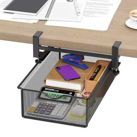 Mintazer Under Desk Organizer Clamp-On Metal Large Under Table Storage Slide Out Caddy Drawer for Home & Office, Black