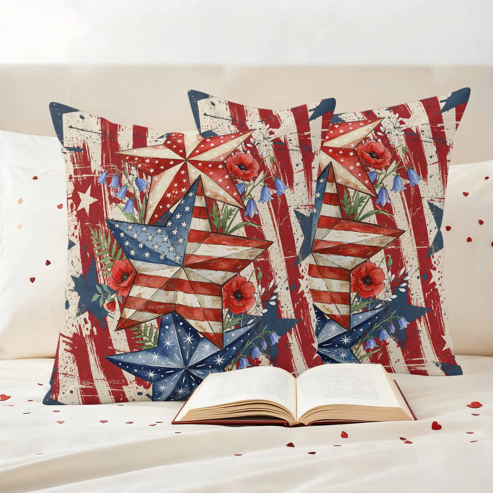 Outdoor Pillow Covers Waterproof, Patriotic USA Flag Decorative Square Throw Pillowcases Patio Cushion Covers for Tent/Garden, 20" x 20" 2 Pack, Texas Star Botanical Leaves Red Striped